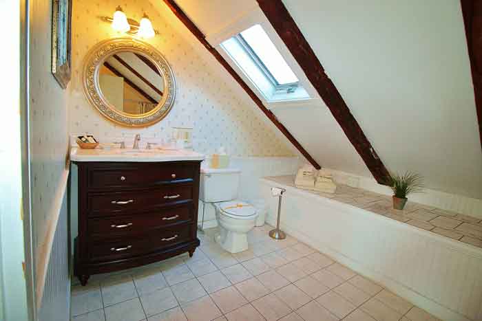 Bright, cozy attic bathroom featuring a sink, toilet, and skylight.