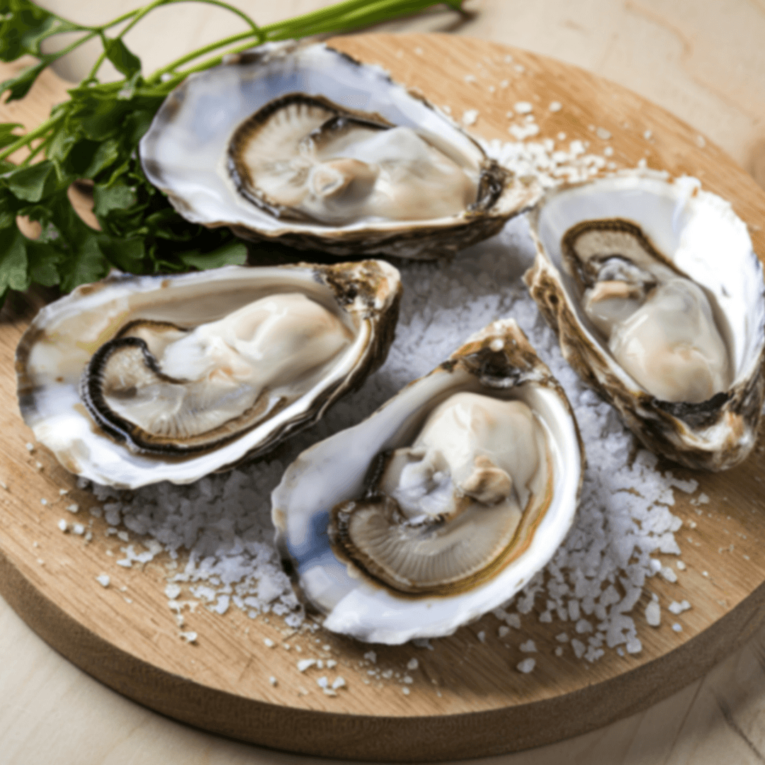 Four fresh oysters on a wooden platter sprinkled with salt and garnished with parsley.